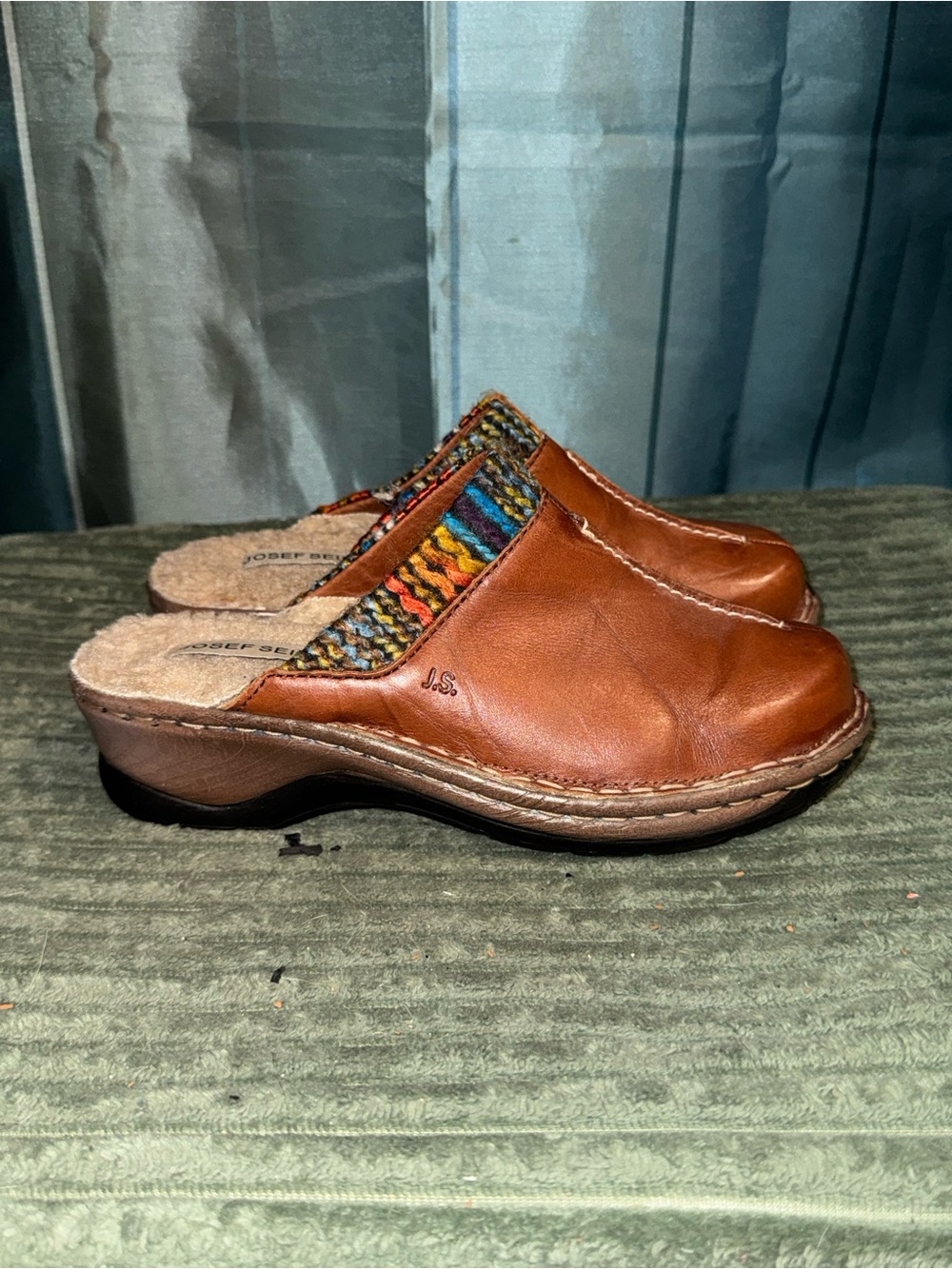 Josef Seibel Cognac Leather Slip-On Clogs with Multicolor Knit Panel